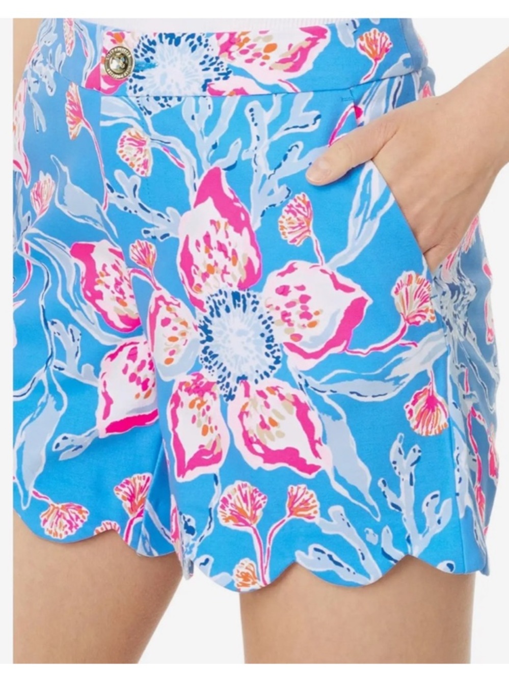 Lilly Pulitzer Blue Floral Scalloped Hem Shorts with Pink Accents - Picture 2 of 6